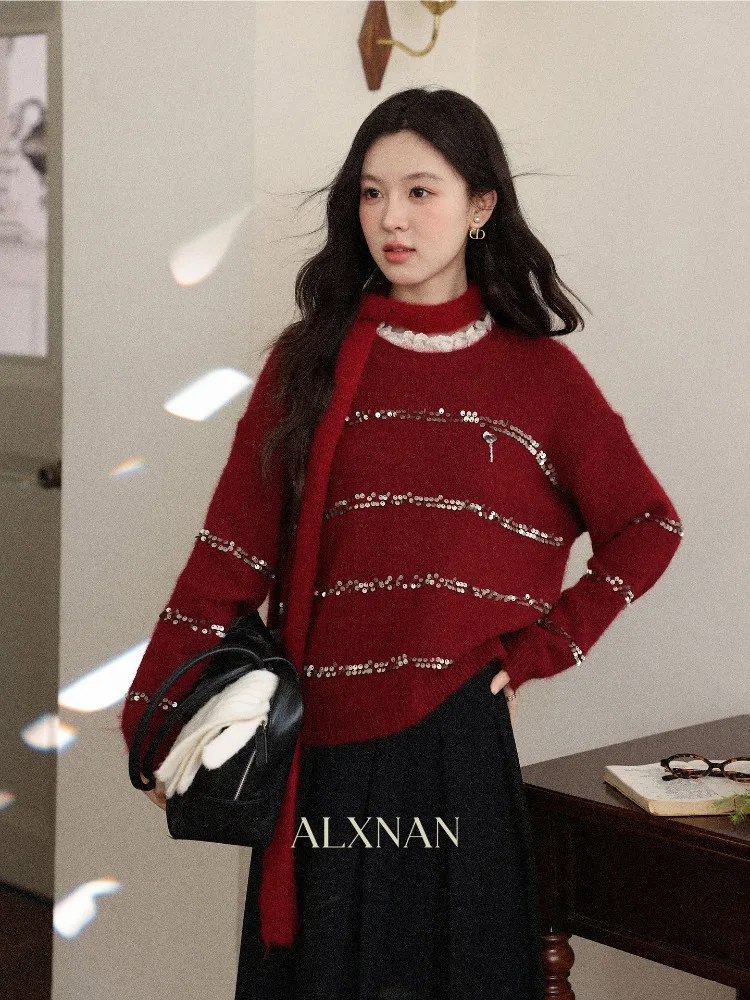 

ALXNAN Sequin Women's Red Sweater Crew Neck Loose-fit Casual Elegant Pullover Long Sleeve Tops Ladies 2026 Spring New L60808