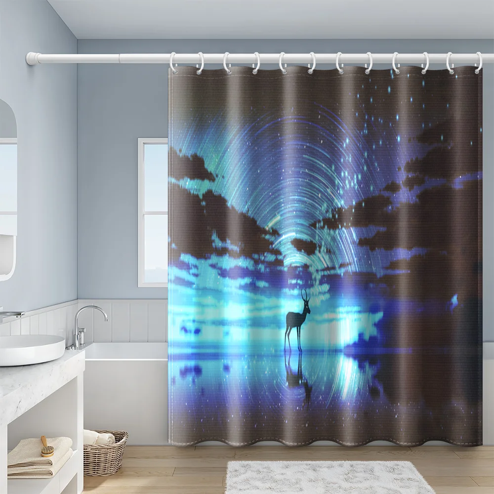 Elk Night Scene Shower Curtains Cloud Cover Bathroom Curtain Frabic Waterproof Polyester Bath Curtain with Hooks