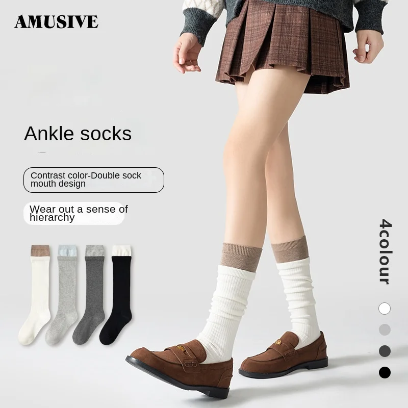 Women Vertical Striped Calf Slouch Socks, Japanese‑Style Slim‑Fit Color‑Blocked Ins JK Long Socks for Loafers, 10 Pairs