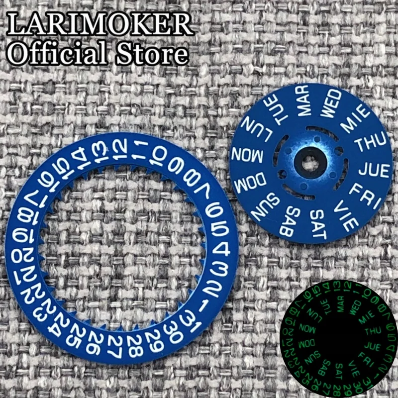 LARIMOKER NH36 fecha semana doble fecha calendario rueda negro blanco azul verde disco con ajuste luminoso movimiento NH36 pieza de reloj modificada