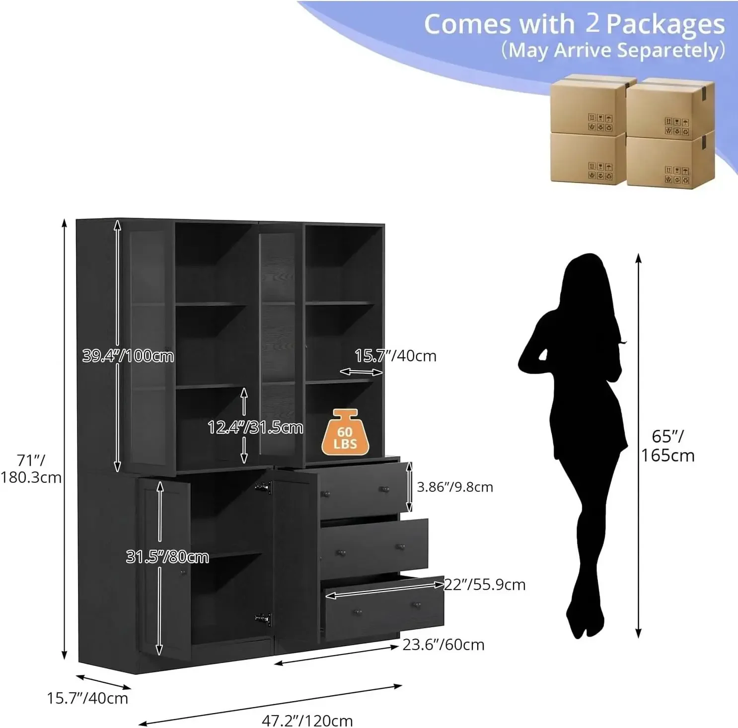 71" H Bookshelf with Storage, 6-Tier Modern Bookshelves with 3 Large Drawer, Display Bookcase with Glass Doors, Modern 5-Tier Cu view 2