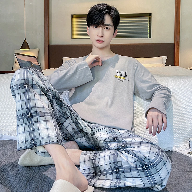 Plaid Men Pajamas Set Casual Male Sleepwear Autumn Winter Long Sleeves Long Pants Soft Pyajmas Boys Pijamas Blue Cozy Cotton Pjs