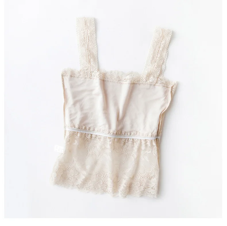 Women 100% Mulberry Silk Full Lace Non-Pads Half Cami Spaghetti Strap Top Bandeau Tube Top Bralette TG427
