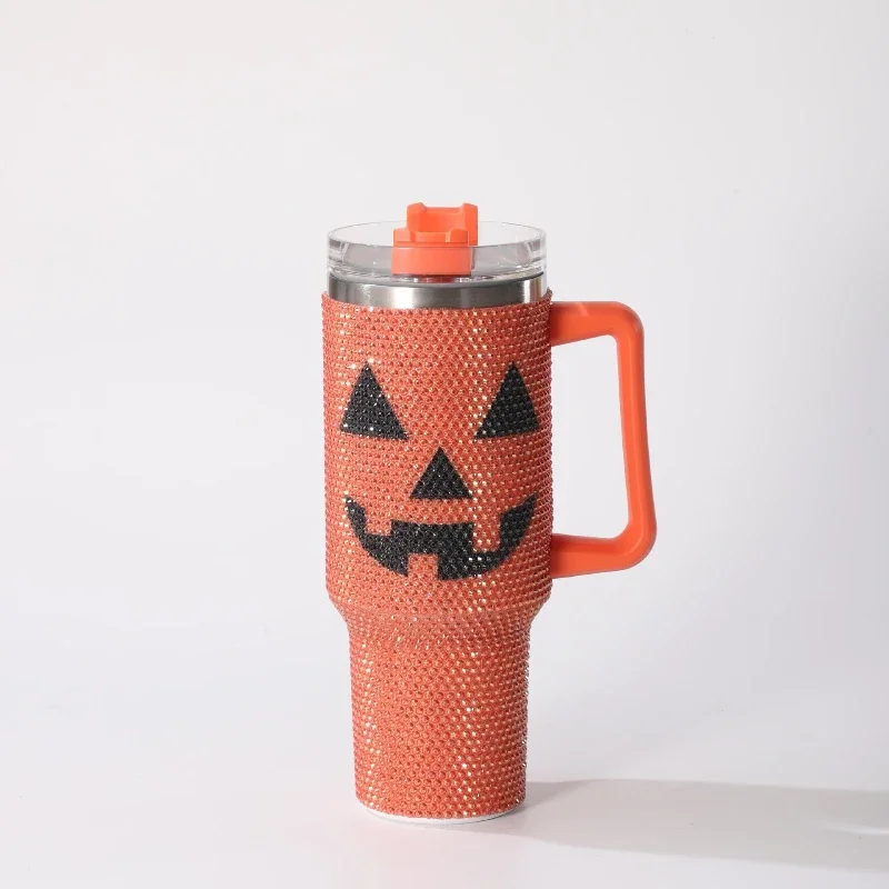 

1pcs 40oz Stainless Steel Tumbler Car Cooler Cup Rhinestone Jack O Lantern for Halloween Party Drink Holder for Vehicle
