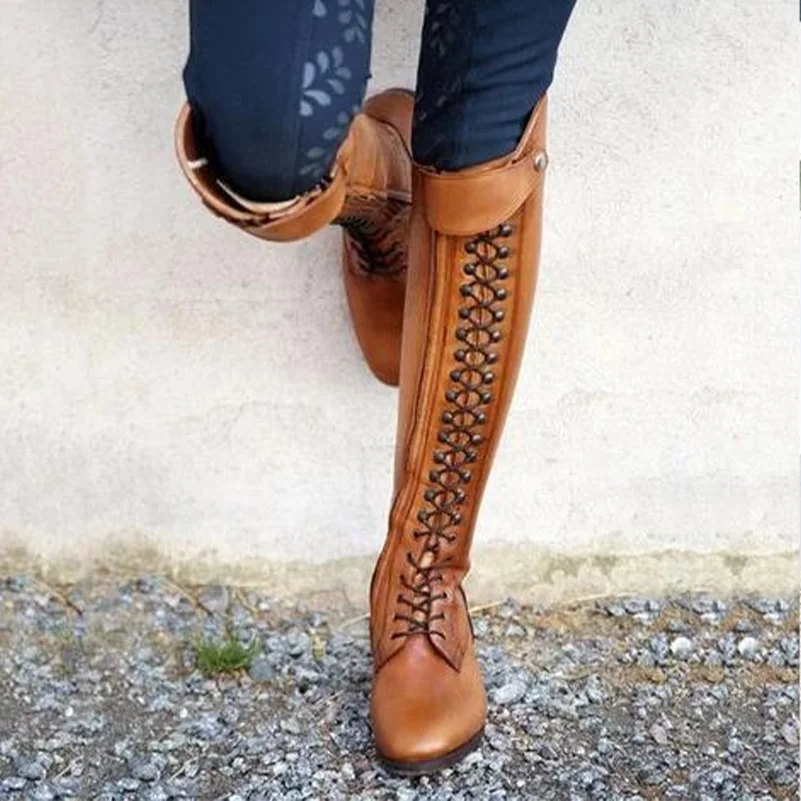 ANNYMOLI Women Pu Leather Western Boots Knee High Boots Thick Heel Round Toe Zipper Belt Buckel Fashion Winter Autumn Shoes image 2