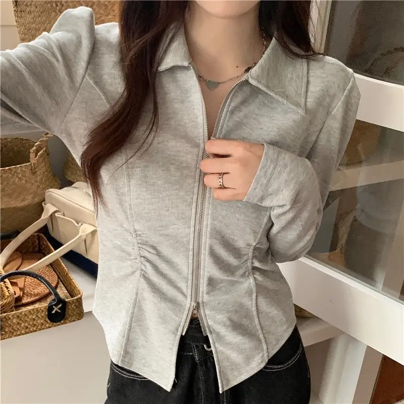 Slimming Summer Base irt ort Sve Double Zipper Ne Sli Conceal Meat Slim Fit T-irt Korean Sle Commute