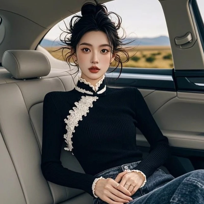 

Spring Fall Women Lace Patchwork Black Velvet Top Shirt , Woman Clothes Chinese Style Vintage Stand Collar Velour Tops Shirts