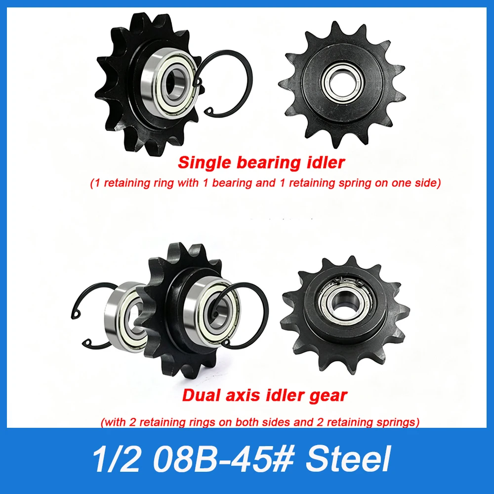 1Pc 1/2-Inch 08B Idler Sprocket With Single / Double Bearing 45 Steel 13-18 Teeth Bore 9 10 12 15 17 20mm For Roller Chain Drive