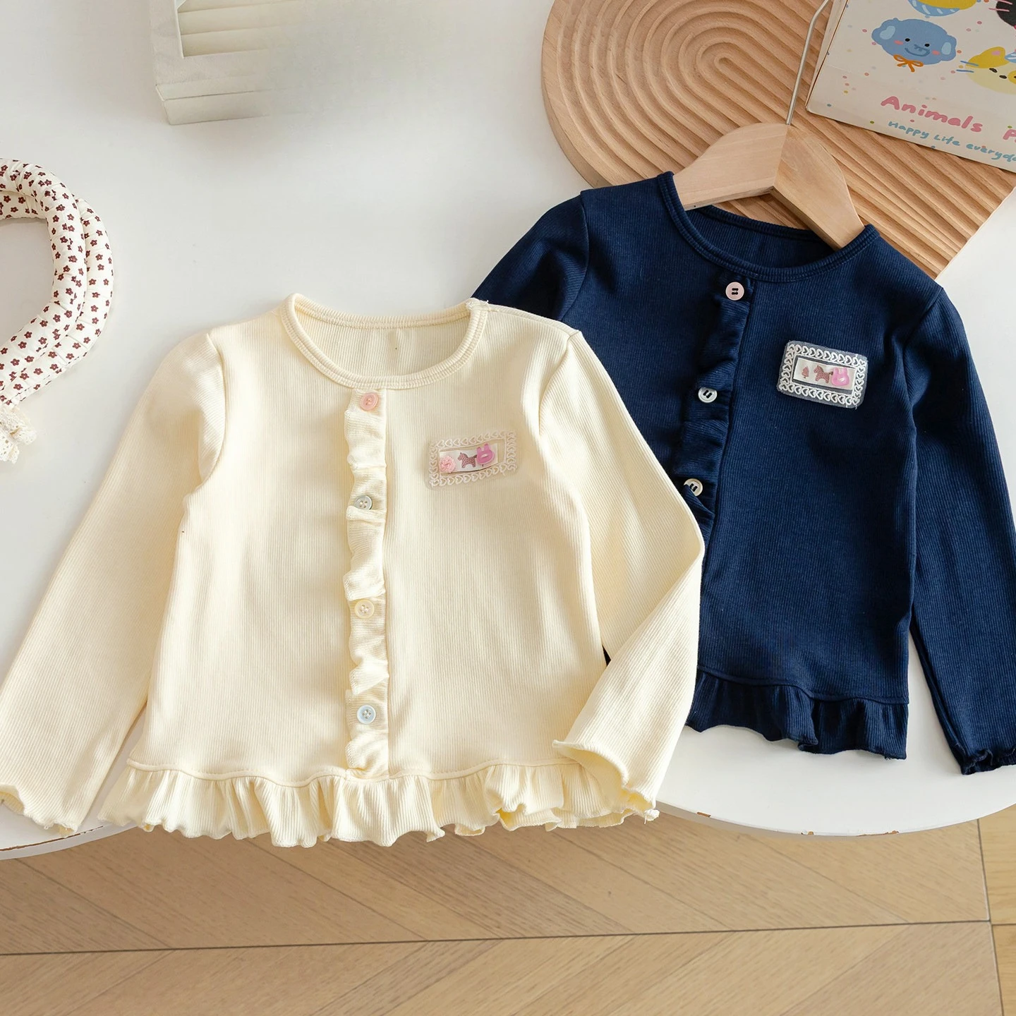2026 Fall New Girls Sweet Ruffled Long Sleeve T Shirt Cardigan Little Patch Soft Skin Friendly Light Long Sleeve