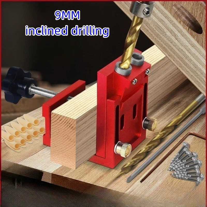Allsome Pocket Hole Drill Guide Dowel Jig Oblique Hole Locator Drill Guide Kit Aluminium Woodworker DIY Tool 9MM Drill Bit