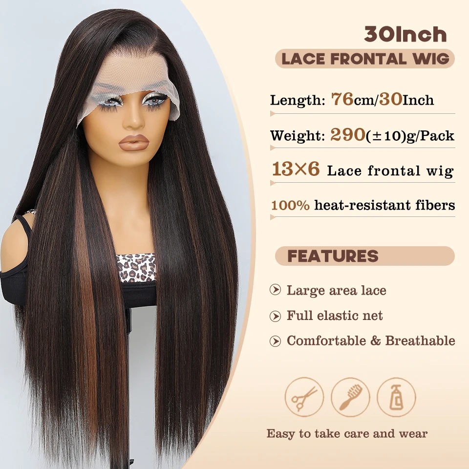 13X6 Synthetic Lace Straight Wig High Quality 30Inch Straight Ombre Chocolate Brown Lace Wig Cosplay Part Wig For Women Lace Wig