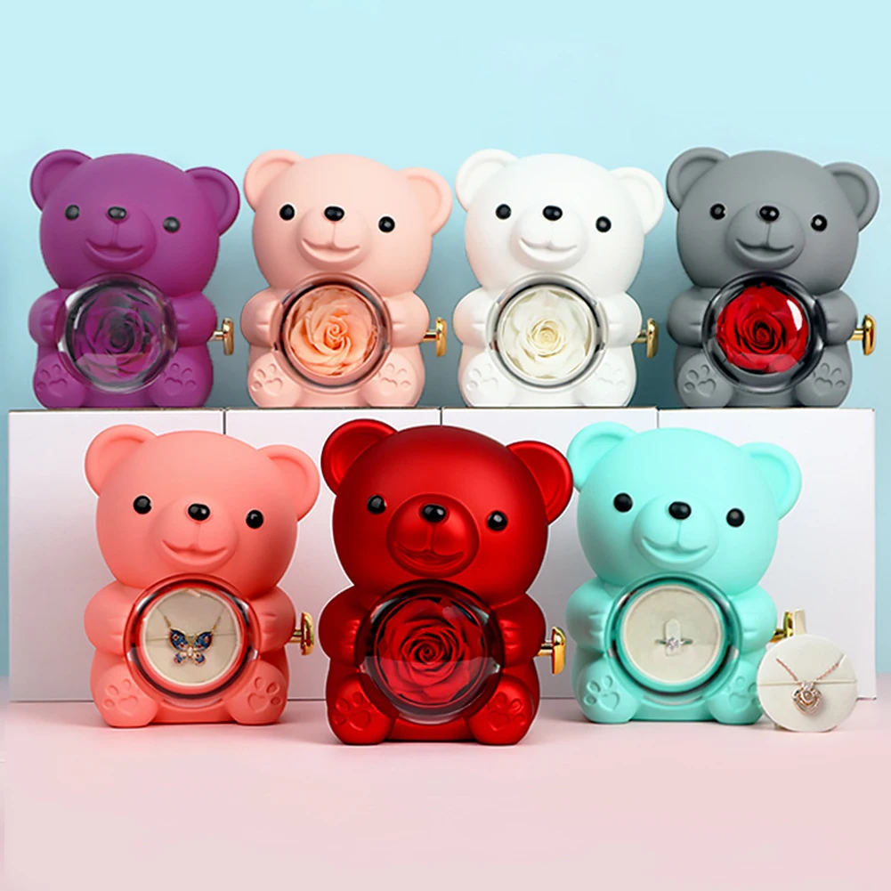 Teddy Bear Gifts Box with Necklace Rotate Bear Rose Jewelry Box Valentine Wedding Storage Gift Case for Women Girlfriend Mother