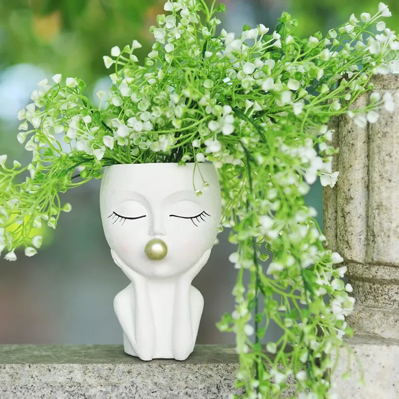 

Blow Bubbles Girl Face Flower Pot Resin Modern Plant Women Human Head Flowerpot Desktop Decoration Garden Pots & Planters