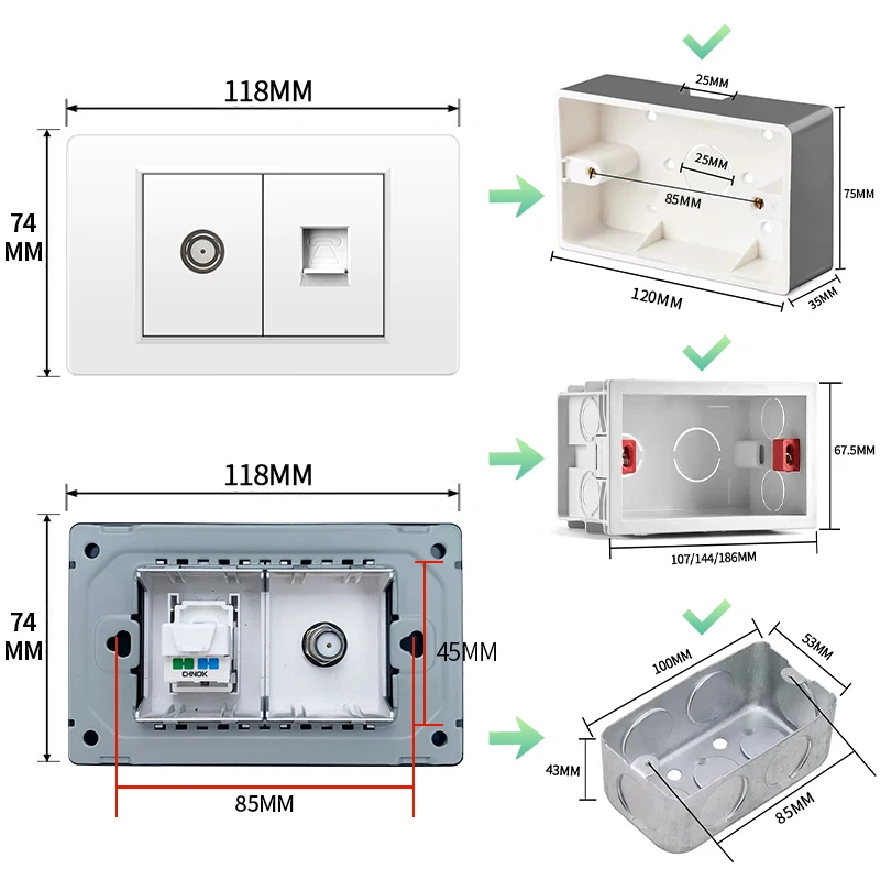 PSSRESE Белый США AU ЕС BR Италия Стандартный дверной звонок 1/2/3Gang Настенная розетка USB Type C ПК Панель ТВ Телефон Компьютерная розетка 118 мм * 74 мм