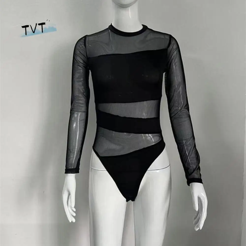 INS 투명 긴팔 레이스 점프수트 하이웨이스트 롬퍼 메쉬 얇은 쉐이프웨어 심리스 긴팔 슬림핏 바디수트 선물
