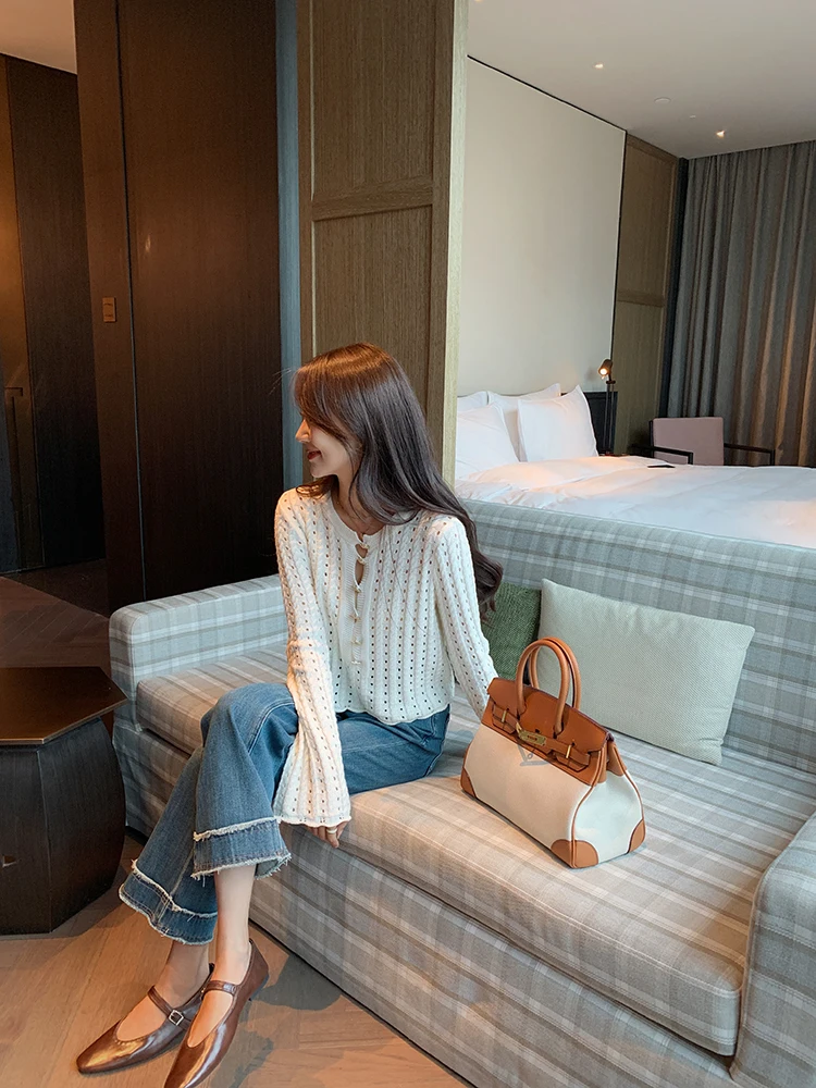 

Bigyu Knitted Hollow out Hook Design Long Sve Women's Top ort Skirt Spring Autumn Set Casual Chic Faionable