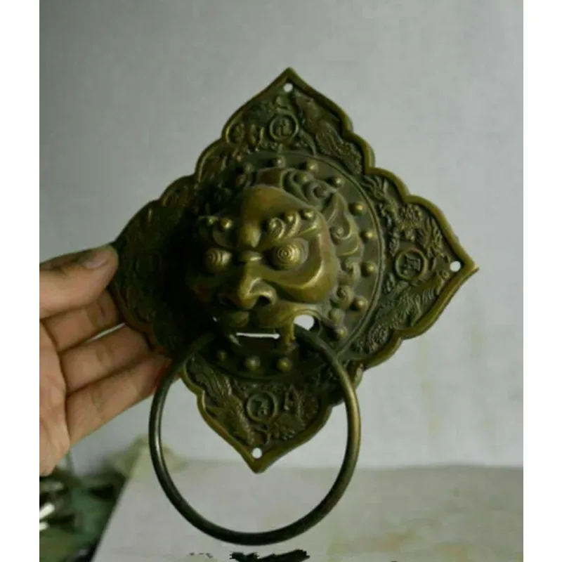 16CM Folk Old Chinese Bronze Feng Shui Foo Dog lion Head Ring Door knocker