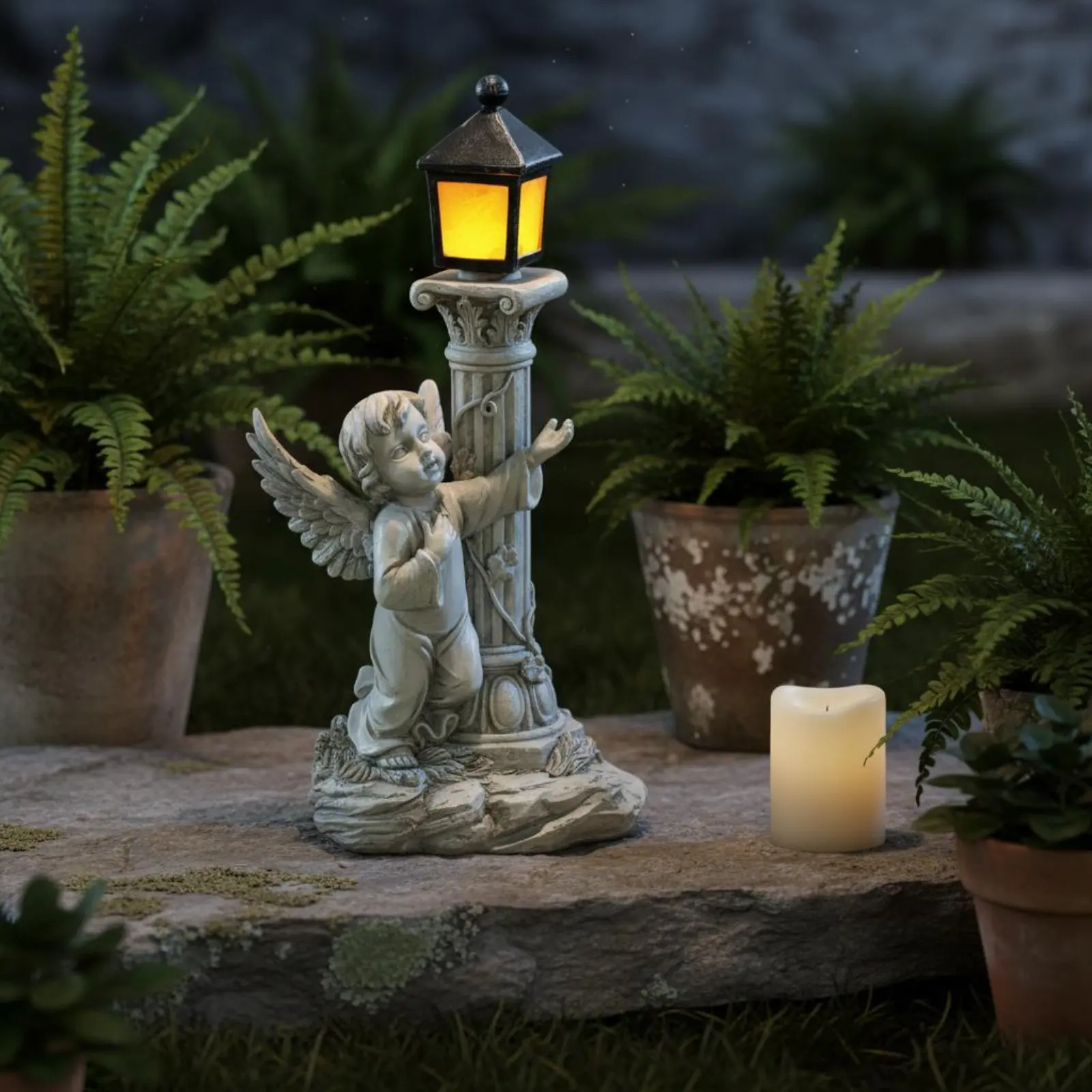 Roman Pillar Angel Statue Weather Resistant Garden Angel Lantern Solar Garden Ornament for Patio view 5