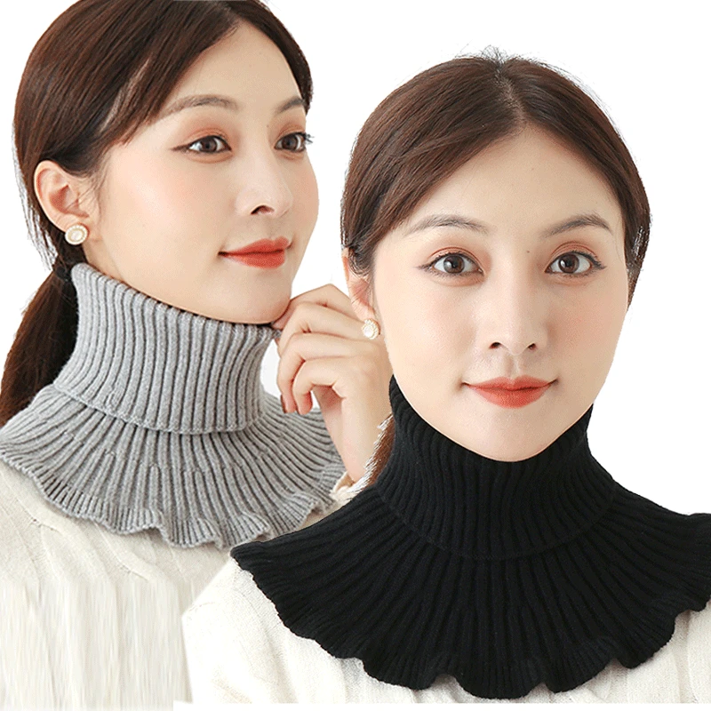 

Autumn Winter Knitted Fake Collar Scarf with Wooden Ears Women Turtleneck Knitted False Fake Collar Detachable Warm Neck Brace