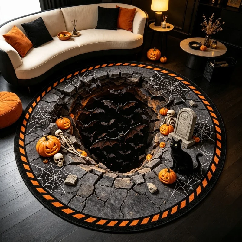 Halloween 3D Vortex Illusion Round Rug Black Cat Skeleton Pumpkin Bat Spider Web Print Spooky Home Party Floor Carpet