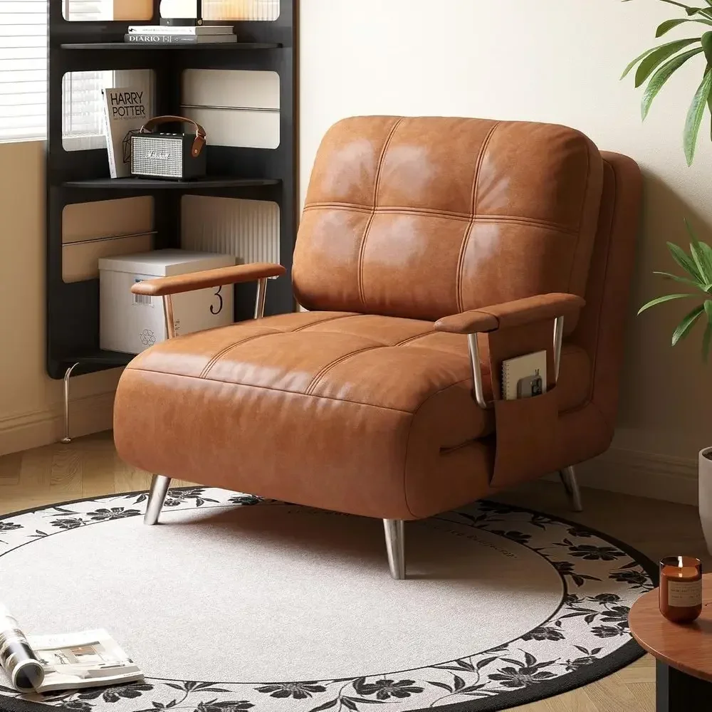 5-in-1 Convertible Leather Sofa Bed with 5-Position Adjustable Backrest, Waterproof Oil-Waxed Leather, Classic Style Lounge Chai