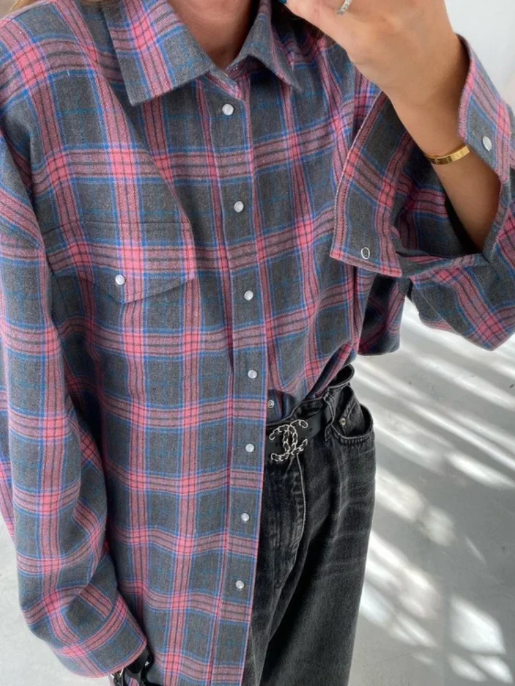 Women Vintage Oversized Plaid Shirt Summer Long Sleeve Fashion Loose Lapel Pocket Shirt Fit Blouse Korean Style 2024