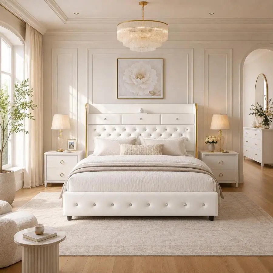 Queen Led Bed Frame With Galaxy Aurora Star Projector, Full Size Platform Bed With 2 Removable Storage Drawers, 52
