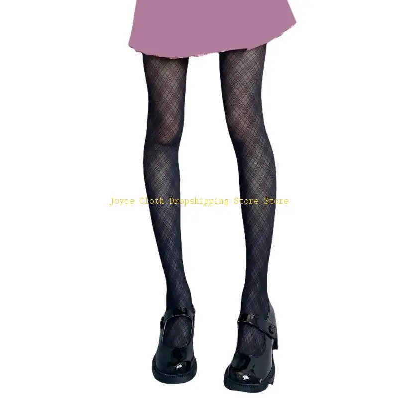 

Womens Sexy Black Silky Pantyhose Harajuku Japanese Vintage Argyle Checkered Diamond Plaid Patterned Tights Stockings 10CD
