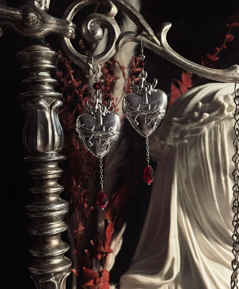 The Sacred Heart - Dangly Earrings - Chain - Layered - Beaded - Red - Silver - Crucifix - Gothic-Witchy-Edgy-Thorns-Flames-Holy