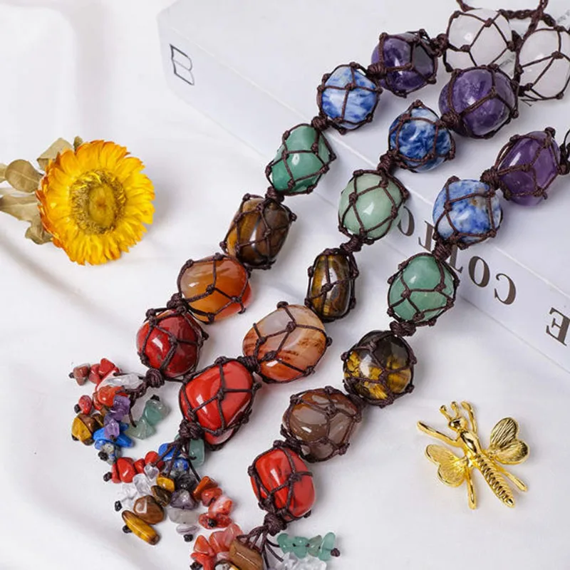 

Natural Crystal Healing Seven Color Rolling Stone Car Hanging Hand Woven Energy Stone Shape Net Bag Pendant Birthday Gift Home