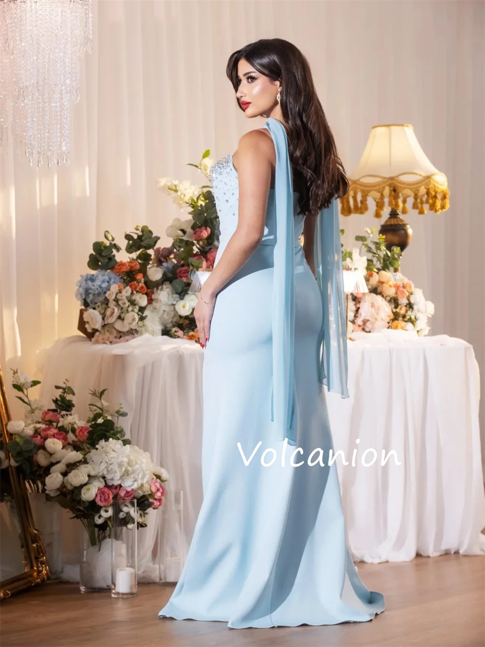 Personalizado estilo moderno jérsei plissado lantejoulas trompete querida vestidos longos quinceanera simples moda brilho