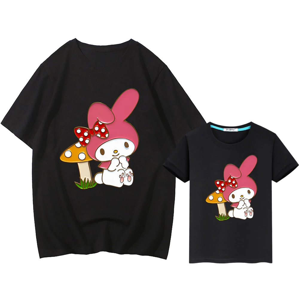 Sanrio Melody mommy and daughter matching clothes family matching100%Cotton T-shirt boy girl Cute Tops Men women Anime Short y2k