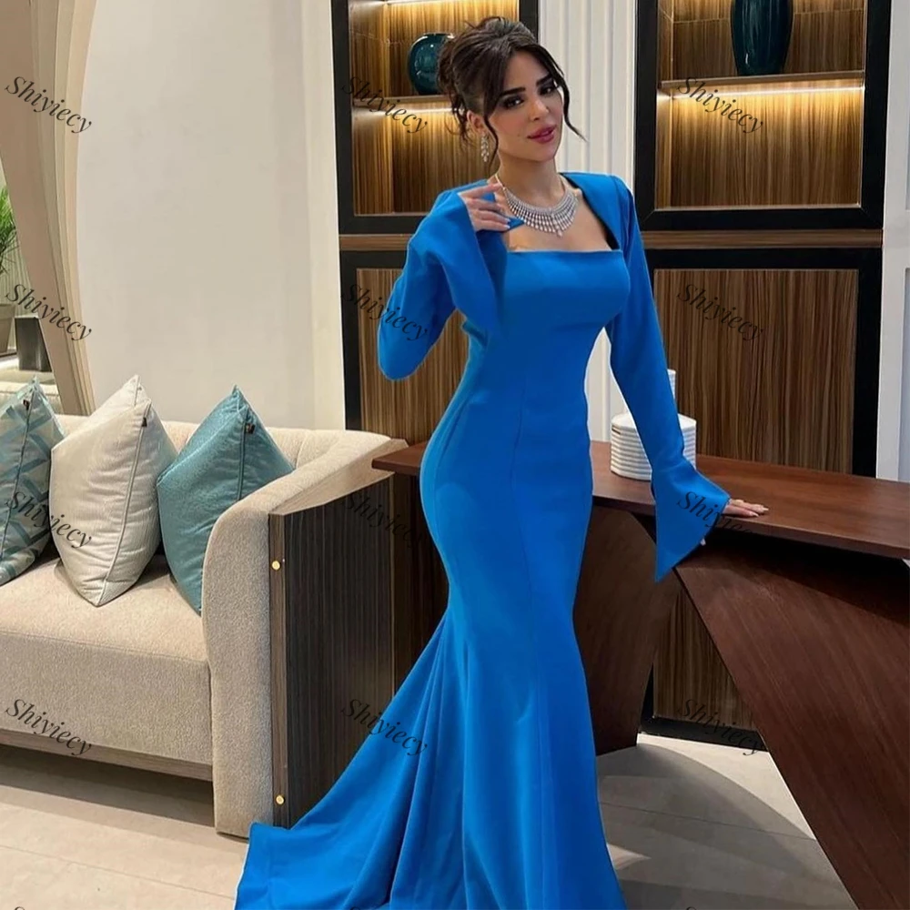 Vestido de noche azul moderno, manga larga, cuello cuadrado, Arabia Saudita, vestido Formal para ocasiones, Jersey de sirena, vestidos de graduación, espalda abierta, 2024