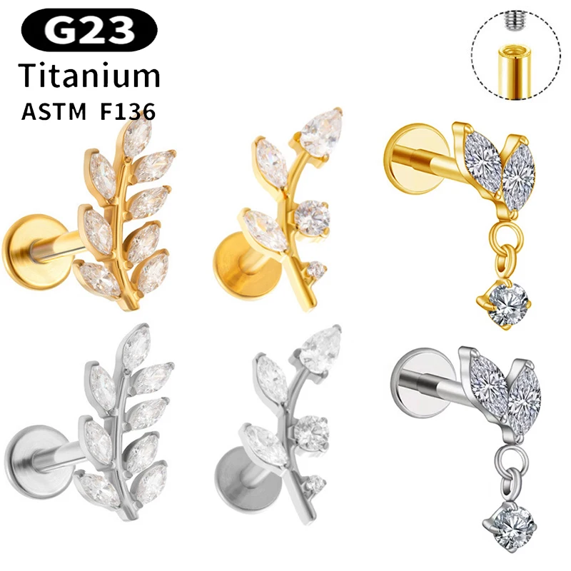 1PC G23 Titanium Ear Studs Internal Thread CZ Leaf Pendant Helix Cartilage Tragus Stud Flat Back Implant Grade Piercing Jewelry
