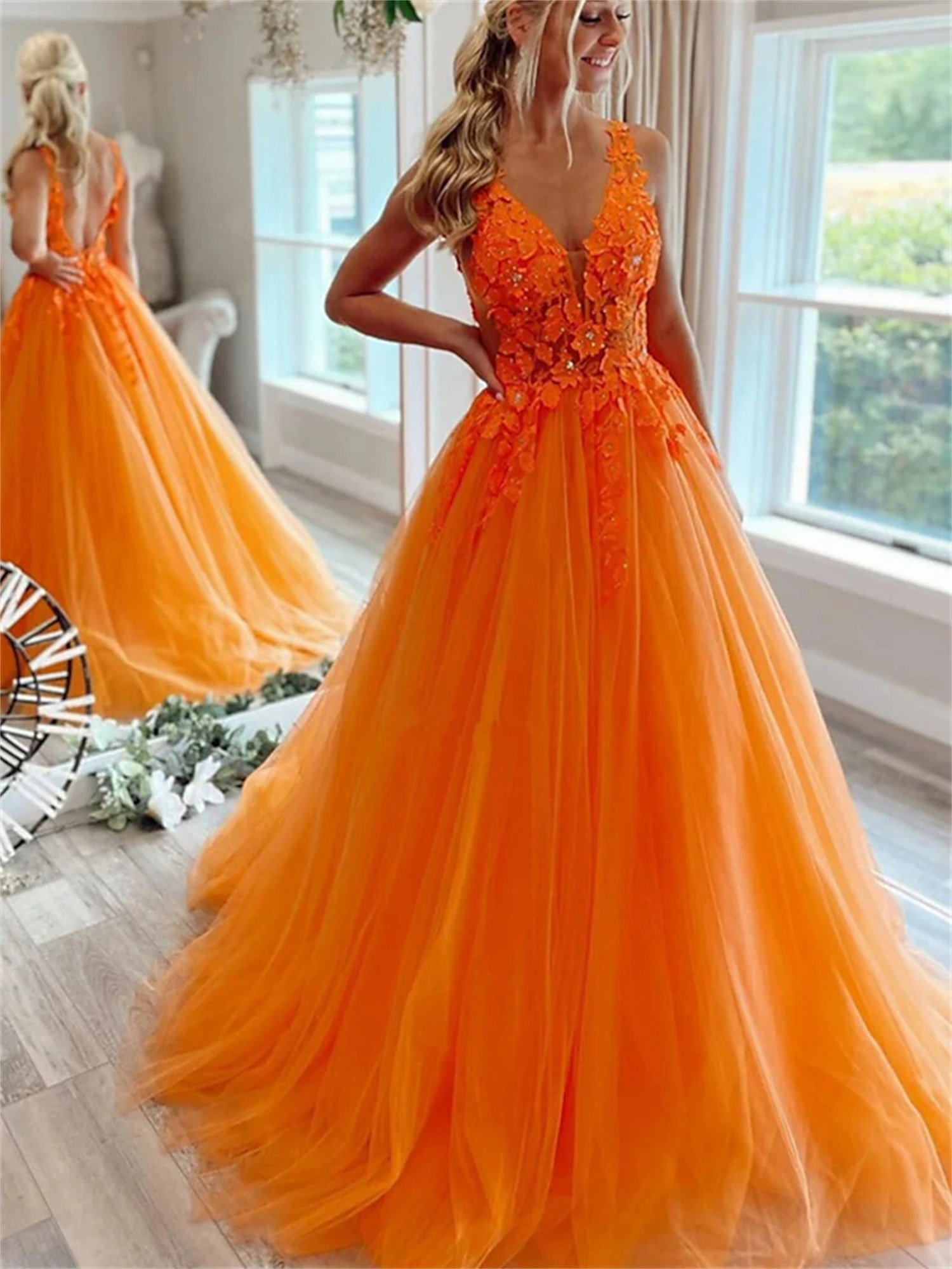 Vestidos formales de color naranja para mujer, vestido de gala con línea bordada, vestido de fiesta con cuello en V, vestidos de cóctel