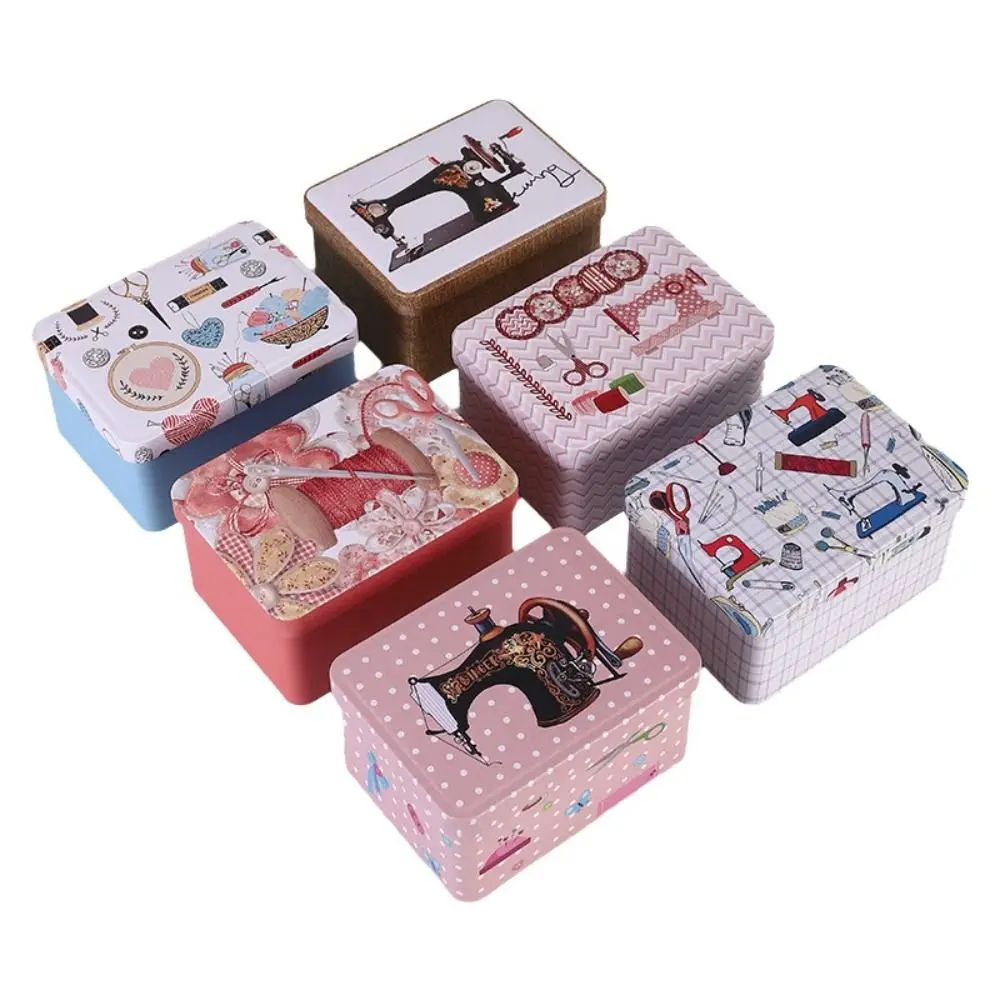 Rectangular Shape Sewing Storage Box Printed Pattern Smooth Metal Surface Thread Storage Box Portable Organizer