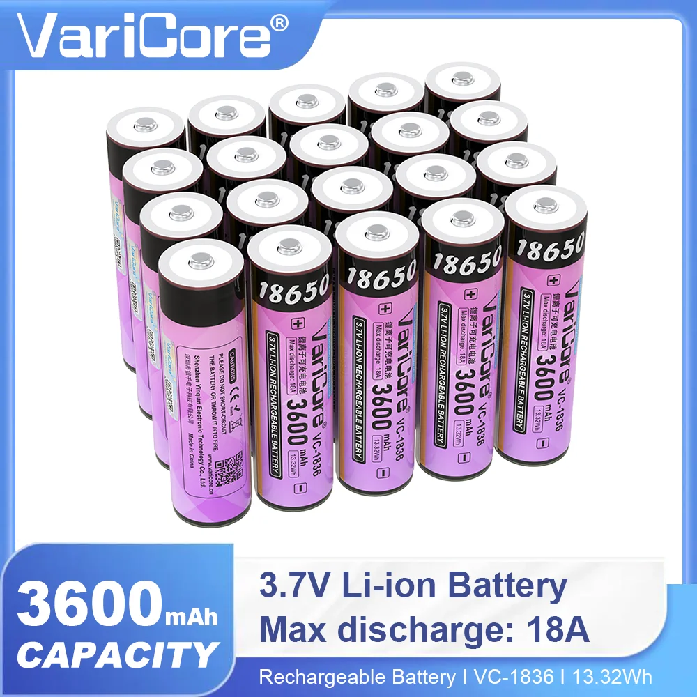 VariCore VC-1836 3.7V 18650 Batería recargable de iones de litio 3600mAh Alta capacidad 18A Descarga con protección PCB