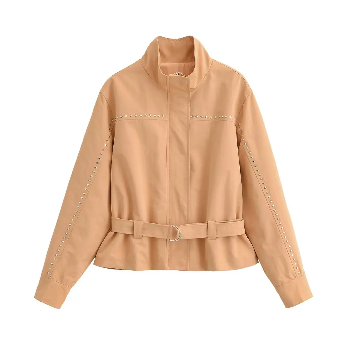 Women Khaki Rivet Stripe Decor Short Jacket High Neck Full Zipper Front D-Ring Belt Waist Slim Fit Casual Utility Coat 20260602