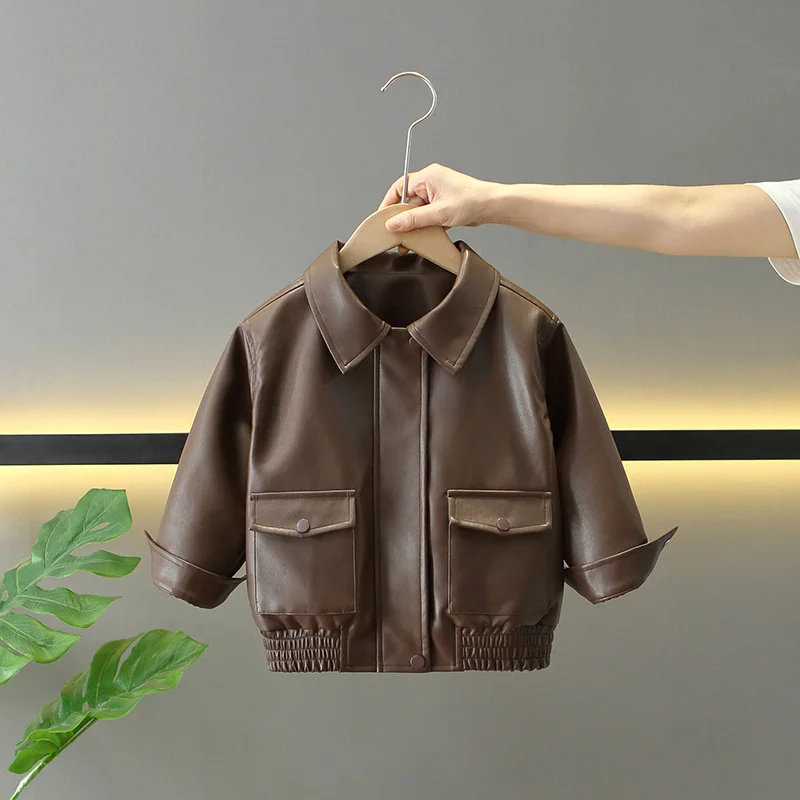 

Куртки на молнии для маленьких мальчиков и девочек, коричневые пальто из искусственной кожи с воротником с лацканами, корейский стиль, весенне-осенние однобортные кардиганы для малышей