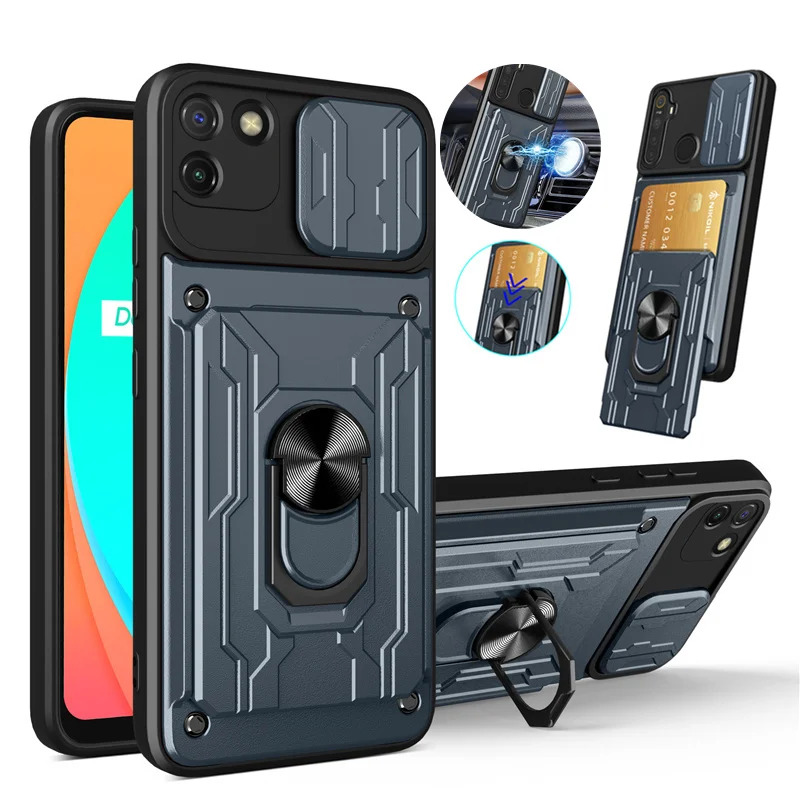 Slide Camera Lens Case For OPPO A54 A74 A16 Magnetic Ring Armor Phone Cases for Realme C11 C20 C21 Card Slot Bracket Back Cover