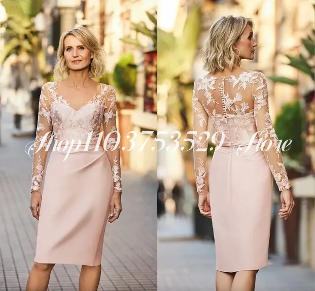 Pink Satin Mother of the Bride Gowns 2025 Illusion Long Sleeve V-Neck Short Prom Dresses Knee Appliqued Lace Customised Sheaths