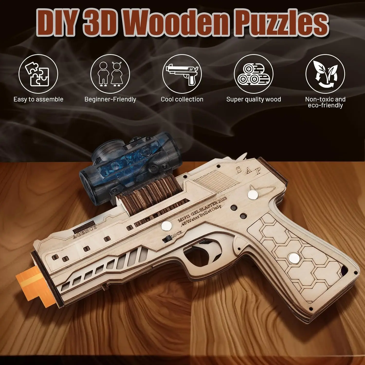 Puzzle 3d dla dorosłych elektryczne DIY pistolet drewniany pistolet zabawki, akumulator drewniany pistolet Model zestawy do budowania, prezenty świąteczne dla dzieci