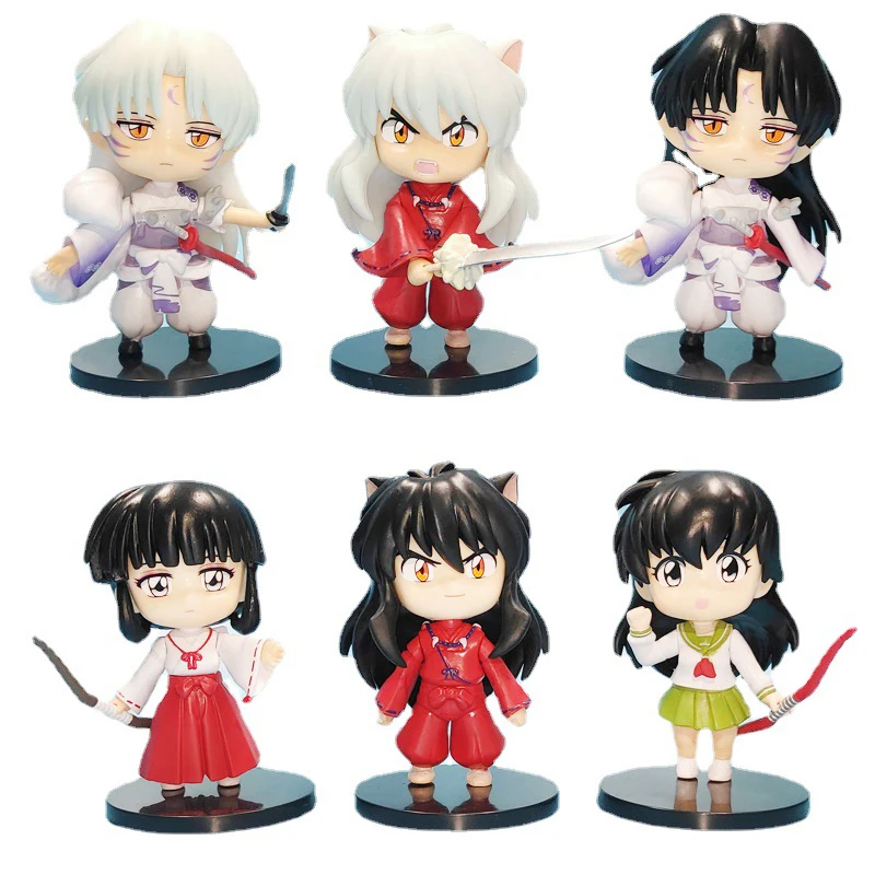 6 stks/set 10 CM Anime Figuur Q versie Inuyasha Monster Zilver Lang Haar Rood Pak Model Poppen Speelgoed Gift verzamelen Boxed Ornament PVC