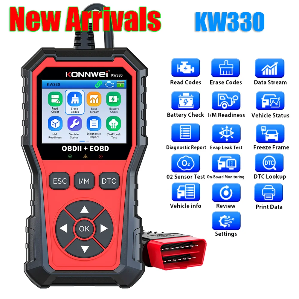 New KONNWEi KW330 Car OBDII Fault Scanner Engine Battery Test Fault Code Clear Real-Time Data Professional OBD Inspection Tool