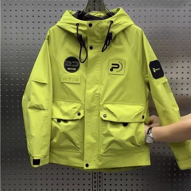 سترة رجالية فضفاضة بغطاء للرأس لفصلي الربيع والخريف، بأسلوب كوري عصري للشباب، مقاومة للرياح، مصنوعة من ألياف البوليستر، بأكما...