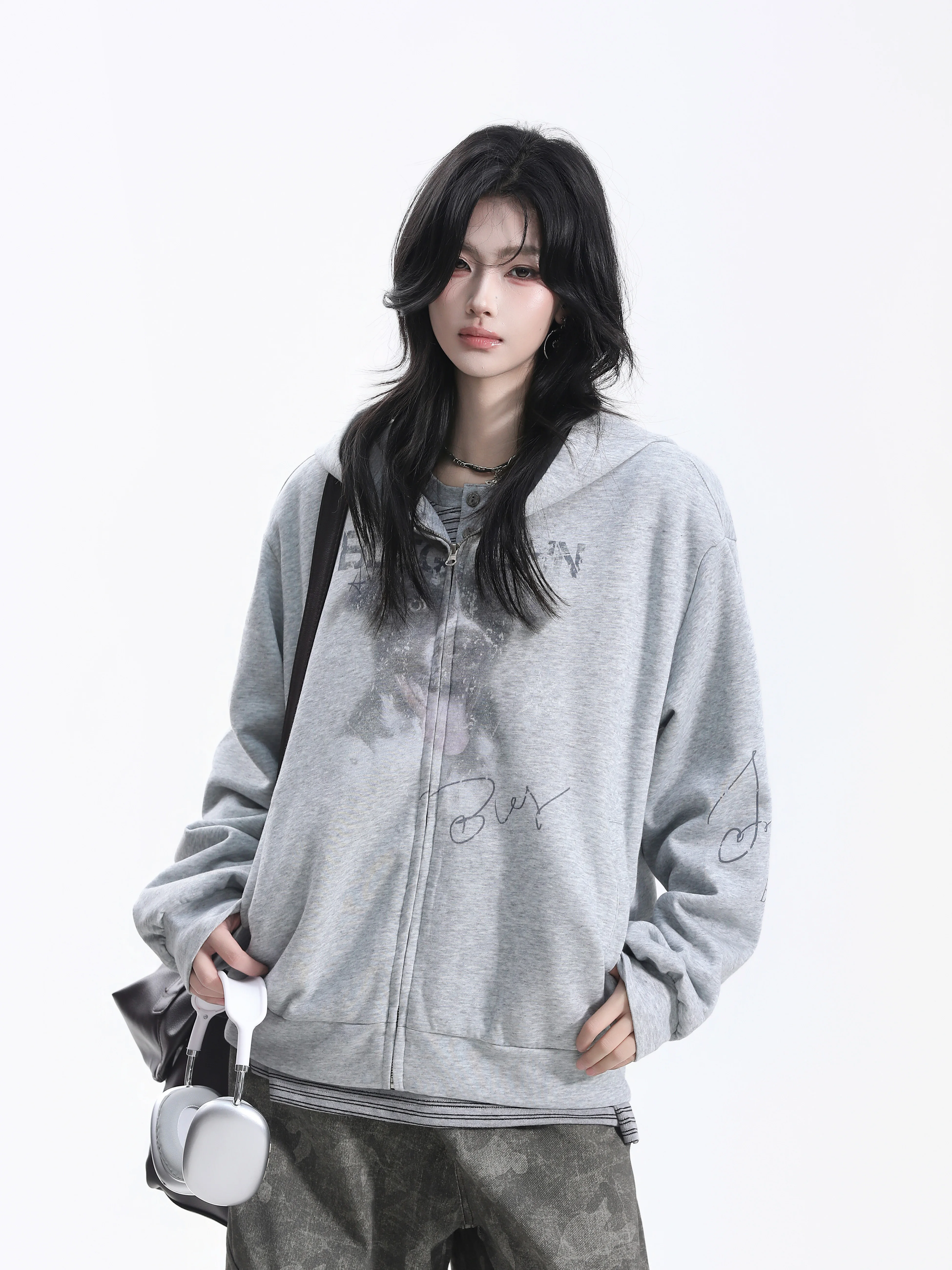 Loose Fit Hoodie Jacket Women's Shoulder Slouchy Style Couple's Shirt Korean Style Small Ball Print Casual Long Sleeve Cotton...