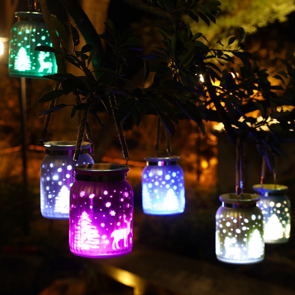 Solar LED Lantern Outdoor Glass Hanging Light Hollow Out Waterproof Stairs Decorative for Garden, Patio, Holiday Party Christmas