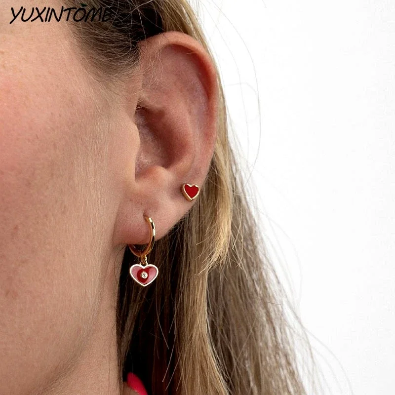 Boucles d\'oreilles en argent regardé 925 pour femmes, bijoux de piercing au cartilage, petit cerceau en émail coloré, charmant coeur, tendance