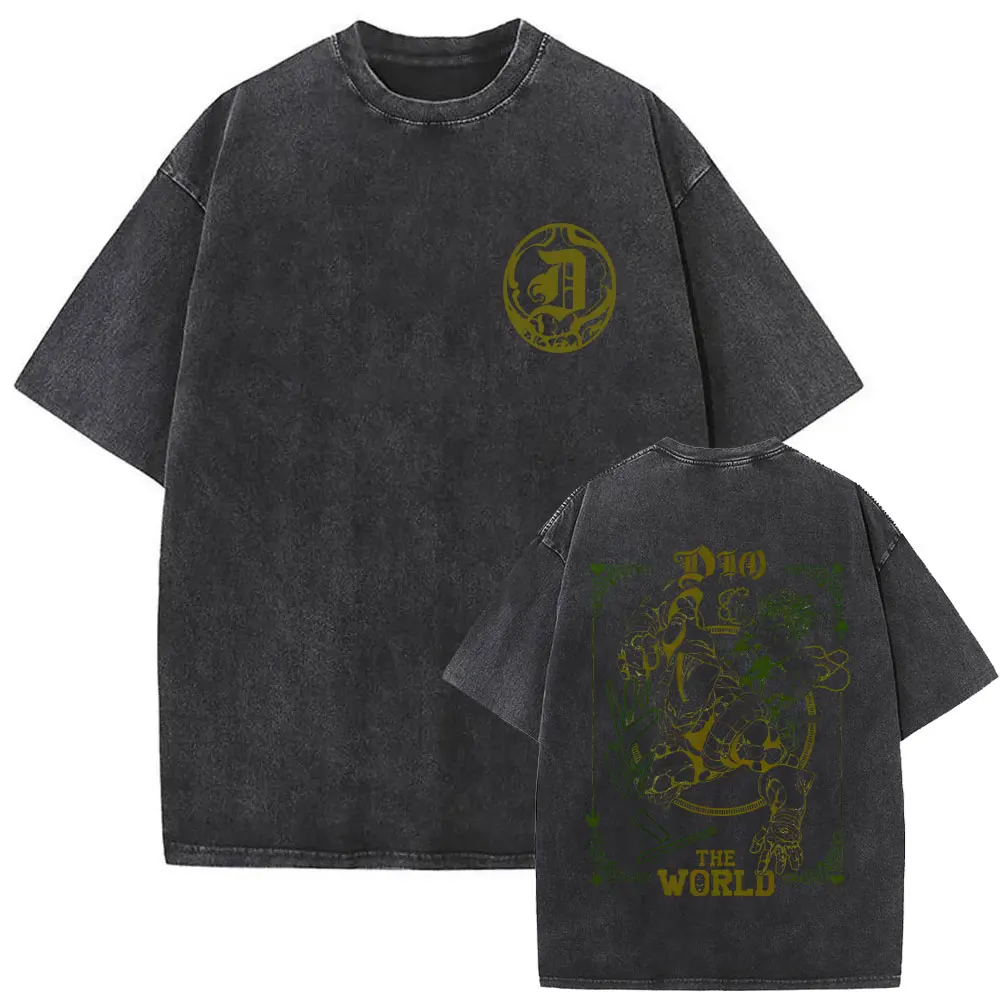 Anime Jojo Bizarre Adventure Washed Vintage T-shirt Jotaro Kujo Tshirt Dio Giorno T-shirts Men Women Manga High Quality T Shirts