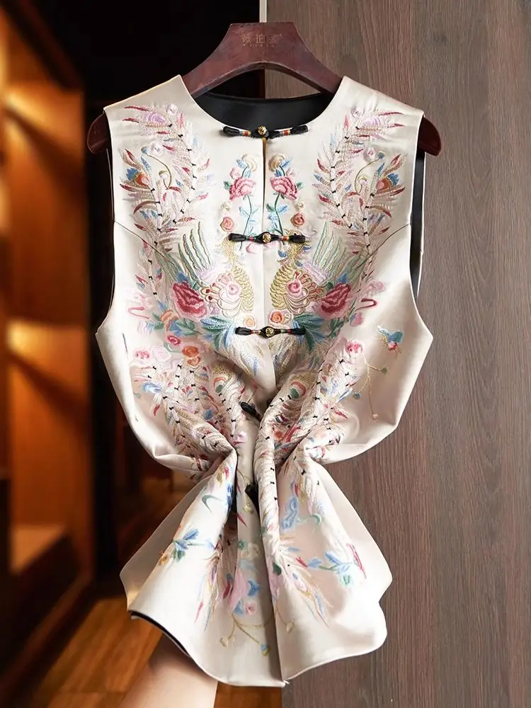 الأزهار التطريز سترة المرأة بلا أكمام المطرزة الرجعية القمم النمط الصيني العرقية خمر تانغ سترة